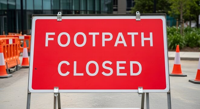 Bright Red Footpath Closure Sign with Traffic Barriers in Urban Construction Area