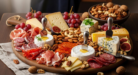 Delicious charcuterie board filled with assorted cheeses, meats, fruits, and nuts, perfect for entertaining.