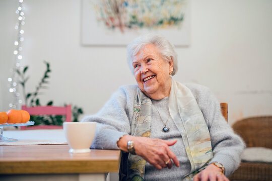 Senior woman smiling warmly on relaxed indoor portrait.