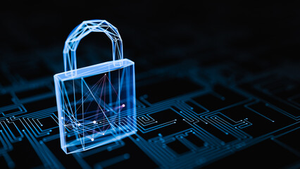 Digital glowing padlock circuit cyber security Copy space. 3d rendering