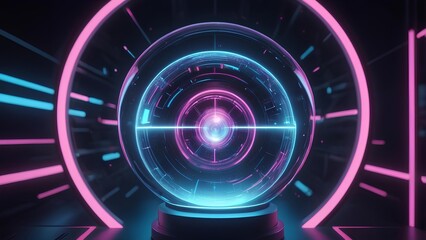 Fototapeta premium Futuristic glowing orb with neon ring lights, digital interface, and abstract technological background