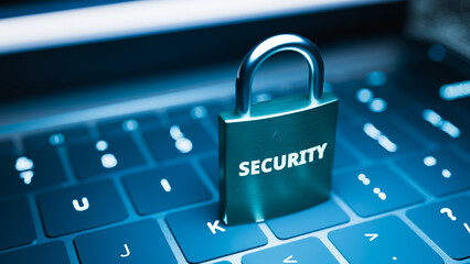 Laptop keyboard padlock cyber internet security Copy space. 3d rendering