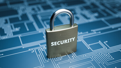 Network data security padlock circuit blueprint. 3d rendering