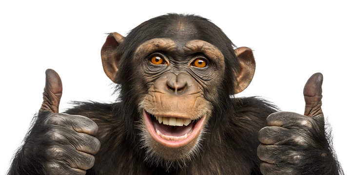 Smiling chimpanzee with thumbs up isolated on transparent background