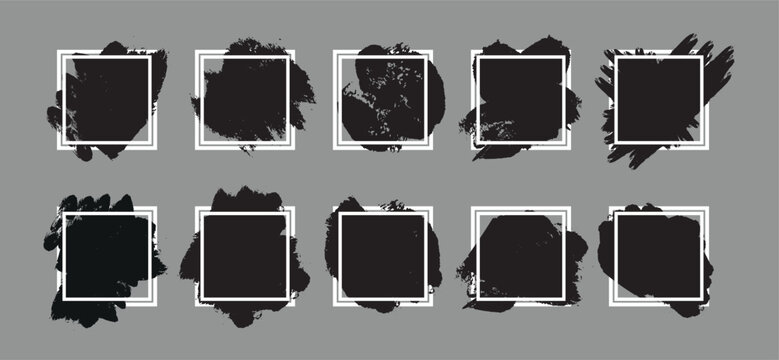 A collection of ten unique black grunge brush stroke square frames, each meticulously outlined with a crisp white border, creating versatile artistic design elements for various creative projects.