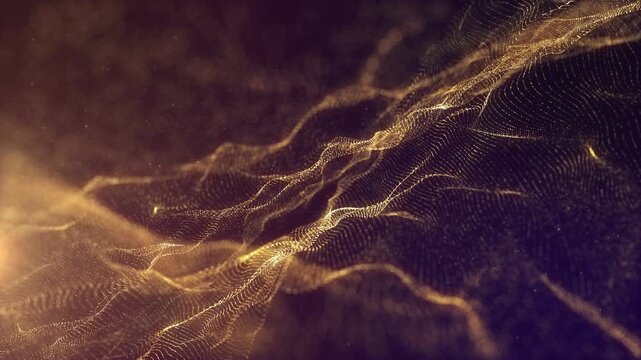 Abstract golden light trails dance across a dark background with intricate patterns and vibrant textures