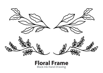 Fototapeta premium Black ink hand-drawn floral frame elements with symmetrical leaf designs, perfect for decorative borders and invitations.