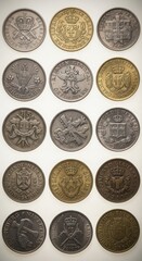 Collection of historical oval coins and tokens on display
