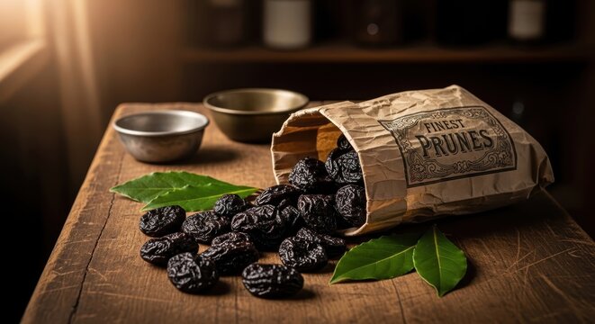 A pile of rich, dark dried prunes spilling from a rustic paper bag onto a wooden surface with fresh leaves and small bowls nearby