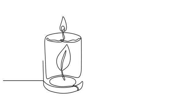 Animation Continuous one line drawing of wax candle in glass holder icon in silhouette on a white background. Linear stylized.Minimalist.