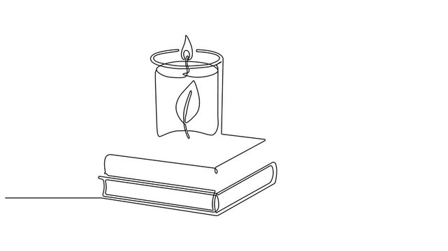 Animation Continuous one line drawing of wax candle in glass holder icon in silhouette on a white background. Linear stylized.Minimalist.