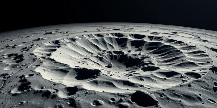 Vast, shadowed lunar crater landscape, meteorite impact, regolith texture,  discovery,  exploration