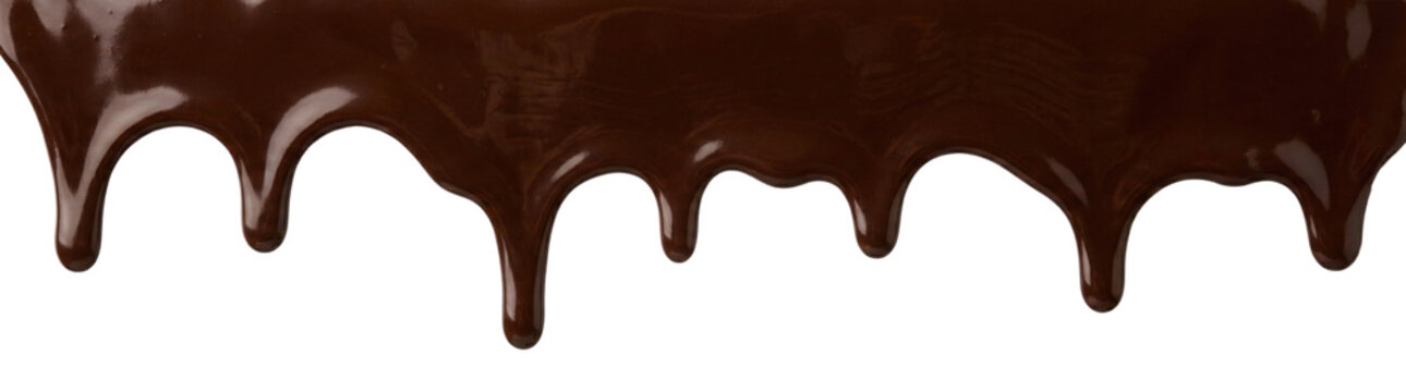 Dark chocolate syrup dripping on white background