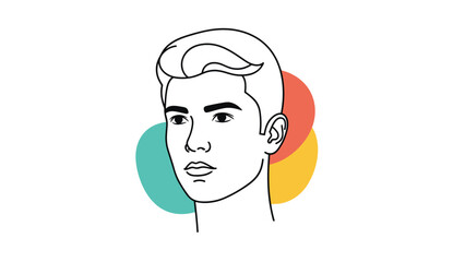 Obraz premium Modern line art portrait of a young man featuring minimalist black contours and vibrant overlapping circular shapes in the back.