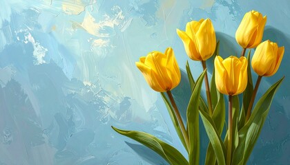 黄色のチューリップとシンプルな水色の背景　AI生成素材
