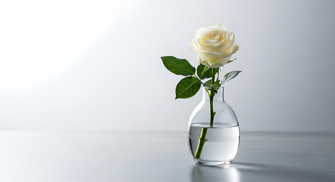 Delicate white rose in a clear glass vase, a symbol of purity and elegance.