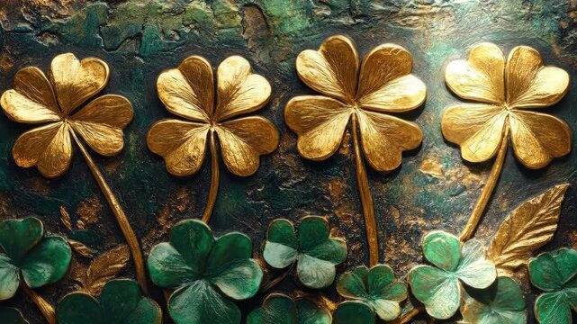 Golden four-leaf clovers on textured green background. Saint Patrick's Day, St Paddy's Day, St Patty's Day - Irish National Holiday and Cultural Celebration