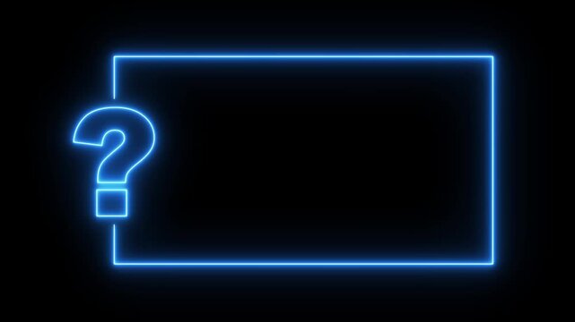 Question mark neon sign light on black background. Quiz trivia game competition. Blue neon question mark frame for quizzes and FAQs. Game announcement neon message. Answer question, exam test 4k.