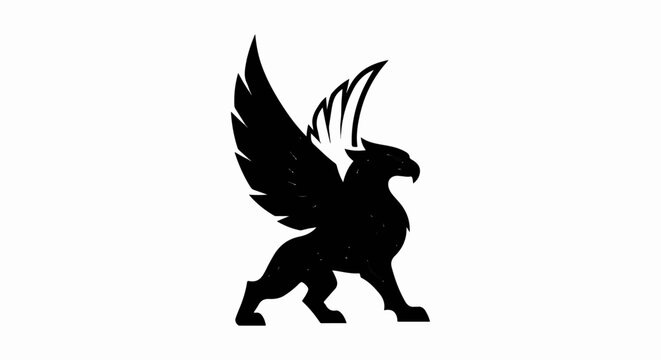 A silhouetted mythical creature, half eagle, half lion, in black
