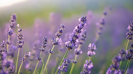 Fototapeta premium Lavender Flowers Blooming in a Sunlit Field Creating a Serene Natural Landscape