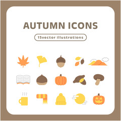 やさしい色合いの秋モチーフアイコン15点セット｜紅葉・食べ物・お月見・ハロウィン