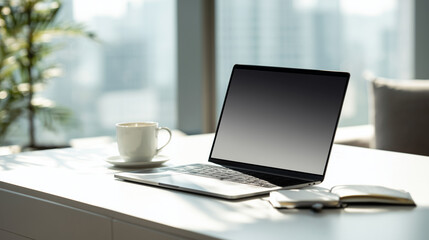 Fototapeta premium Modern Minimalist Workspace with Laptop and Coffee at Home