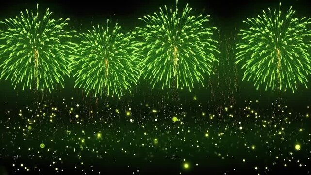 Vibrant green and gold fireworks display on a starry night sky. Saint Patrick's Day, St Paddy's Day, St Patty's Day - Irish National Holiday and Cultural Celebration