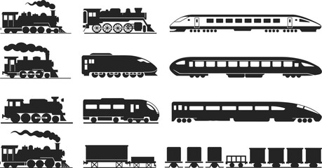 Train silhouettes collection, steam locomotive and modern high speed passenger railway vector illustration isolated on white background © Mst