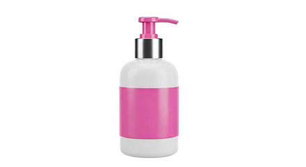 White pump bottle with pink label and dispenser