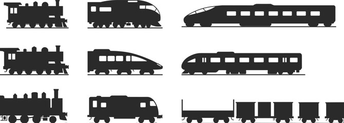 Train silhouettes set with steam locomotive, modern passenger and freight railway cars isolated on white background vector illustration © Mst