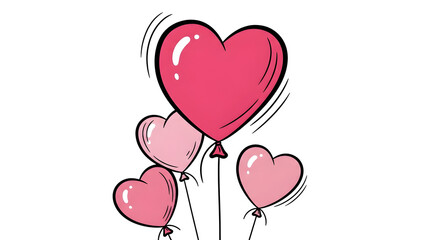 Heart shaped balloons in various shades of pink and red floating on a plain white background symbolizing love and celebration. The image is a cartoon illustration with a simple yet vibrant design.