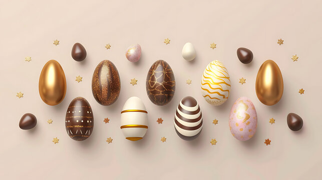 Luxury Chocolate Easter Eggs with Gold Patterns and Stars, Symmetrical Composition for Premium Food Packaging and Holiday Gift Card.
