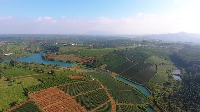 Aerial View of Tea Plantations and Small Lakes in Bao Loc Highlands Vietnam
