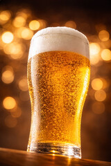 黄金色に輝く生ビールときめ細かな泡のクローズアップ、背景ボケが美しいダイナミックなビール広告向けビジュアル