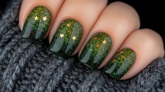 Green glitter nail art with gold stars on knit fabric background. Saint Patrick's Day, St Paddy's Day, St Patty's Day - Irish National Holiday and Cultural Celebration