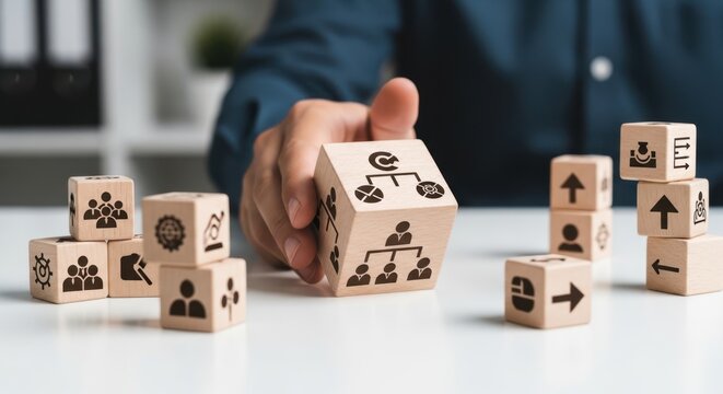 Organizational change readiness and showing cubes prepared for a major structural shift using wooden cubes, symbolic icons, human hand, natural depth of field, soft blurred background, clean white des