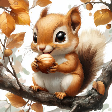 Cute cartoon squiral, eating a nut sat on a tree branch illustration graphic draw