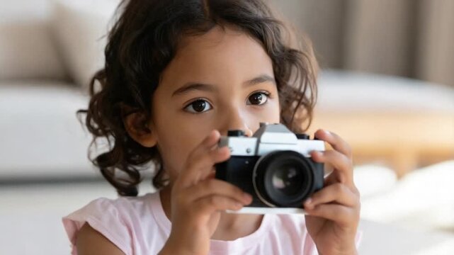 Curious little girl holding vintage camera learning photography