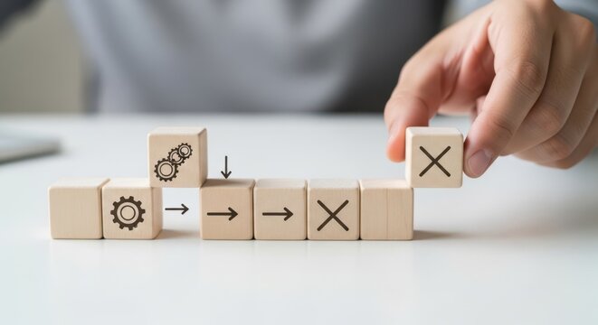 Process improvement initiative and showing cubes arranged to eliminate a known inefficiency using wooden cubes, symbolic icons, human hand, natural depth of field, soft blurred background, minimal des