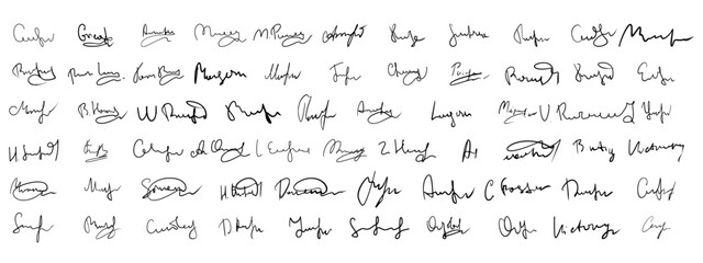Handwritten fake signature collection. Autograph examples.