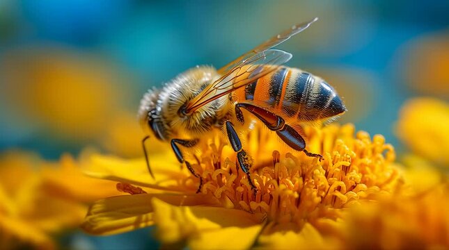 A bee gathers nectar from a bright yellow flower with a soft blue and yellow background