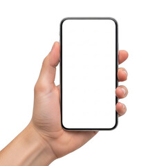 Person holding a smartphone with a blank screen in their right hand isolated on transparent background