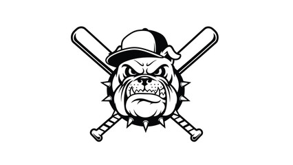 Tough bulldog head wearing a baseball cap positioned in front of crossed wooden bats in a bold black and white logo.