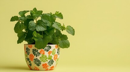 Fototapeta premium Lemon Balm Plant in Brightly Patterned Ceramic Pot Against a Soft Yellow Background