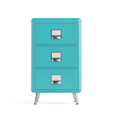 Office Organization And Storage Concept. Turquoise Metal Filing Cabinet With Three Drawers On White Background. 3d Rendering