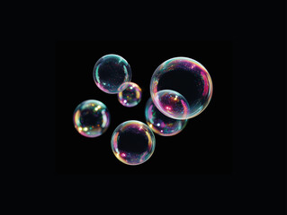 Iridescent Soap Bubbles in Rainbow Reflections on Black Background