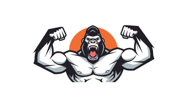 Angry silverback gorilla mascot flexing his huge arms and roaring with a bright orange sun background on a white background.