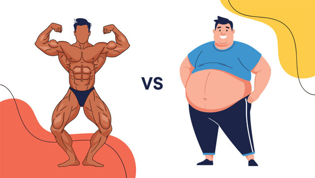 Comparative illustration of a fit muscular bodybuilder and an obese man standing together for a health concept.