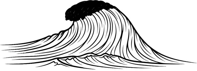 A powerful, cresting wave depicted in a dramatic, stylized ink brush style