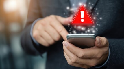 Businessman Checking Mobile Phone with Warning Alert Notification on Screen, Digital Risk Management Concept in Modern Workplace Environment